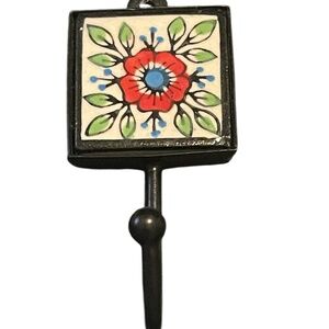 Vintage Red Flower Mexican Tile and Black Metal Wall Hook Fun and Festive